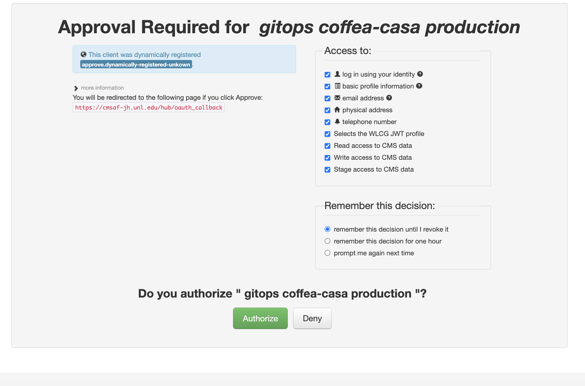 Approval required for CMS Authz authentification to Coffea-casa Analysis Facility @ T2 Nebraska