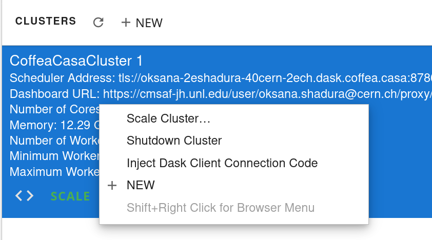 Dask Labextention powered cluster, with right-click menu